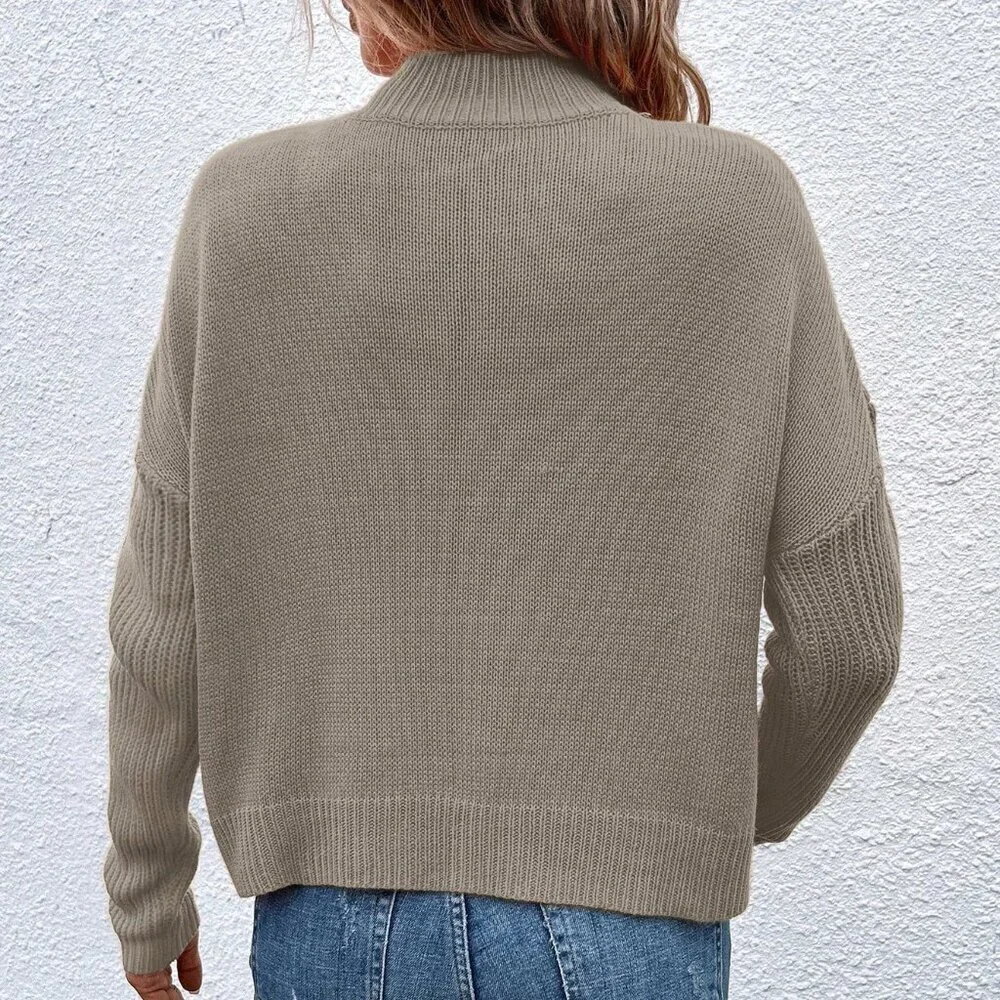 Khaki Casual Women's Stand Collar Pullover Sweater with Dropped Shoulder